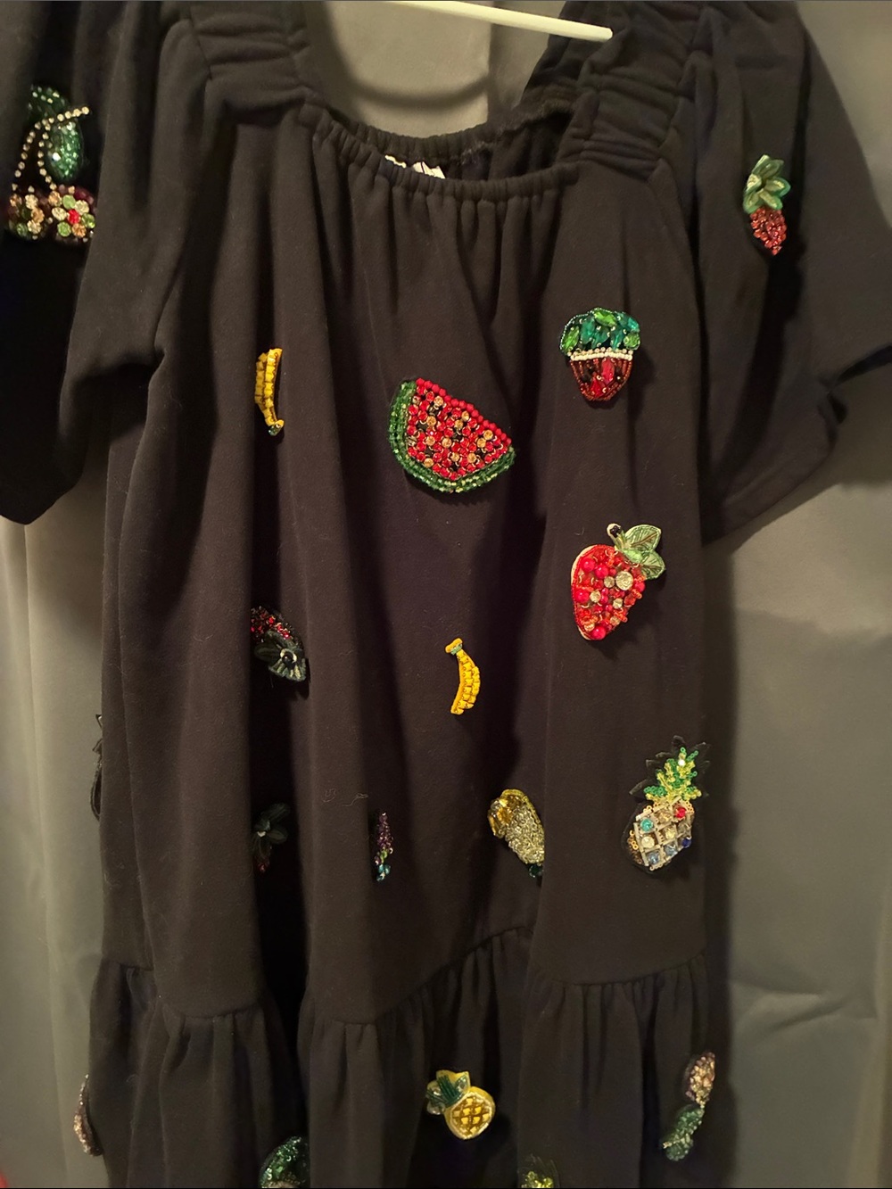QUEEN OF SPARKLES Black Midi Dress with Colorful Beaded Fruit Embellishments